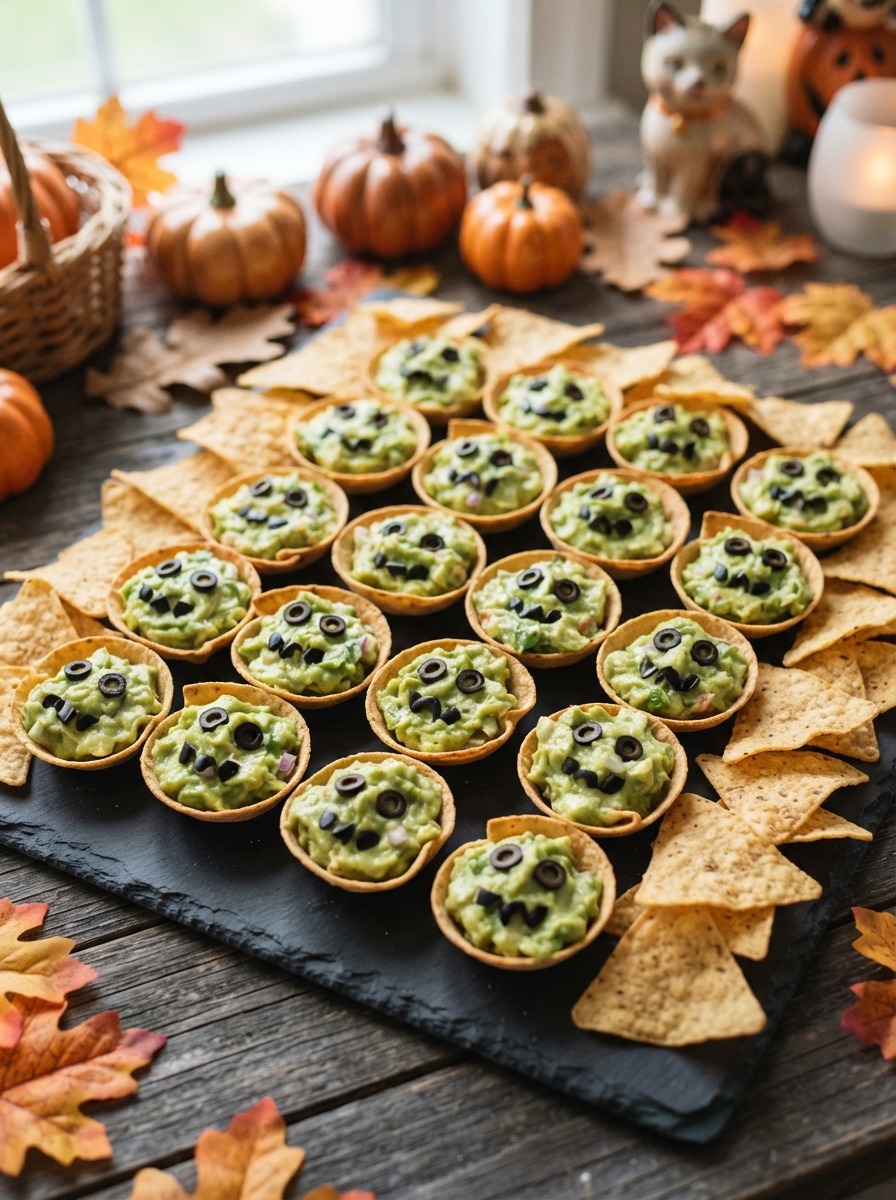 Individual cups of guacamole topped with tomato eyes and black olive pupils.